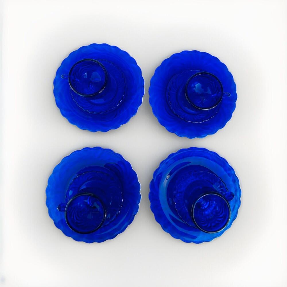 Vintage Doll Size Place Setting Cobalt Blue Glass 4 Plates 4 Teacups 4 Saucers - Picture 5 of 16